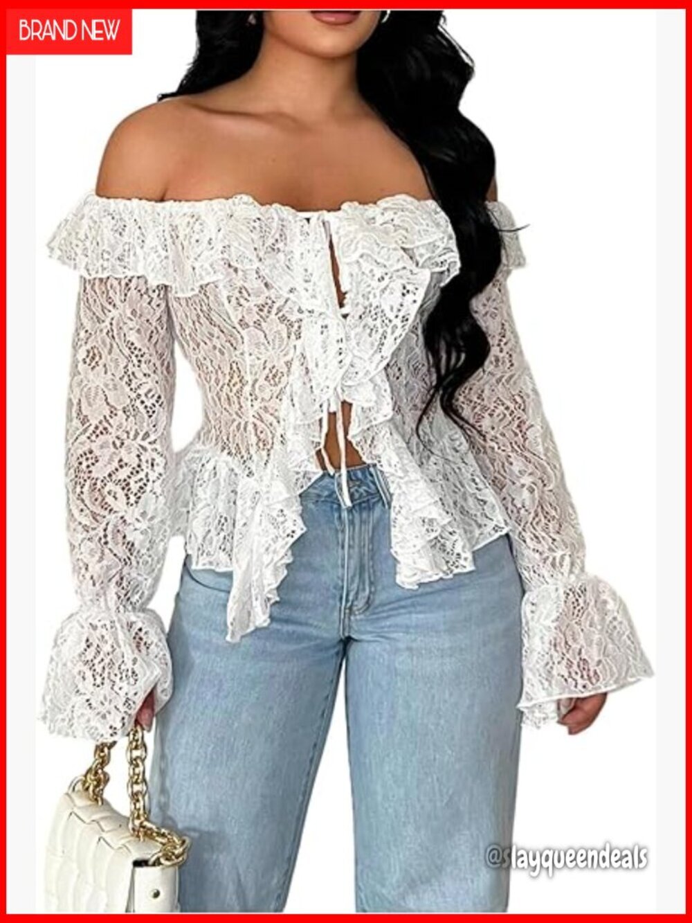 Off Shoulder Lace Blouse with Ruffle Sleeves and Tie Front